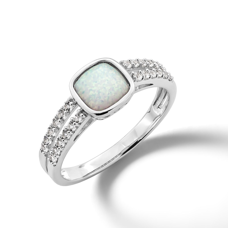 Main Image 3 of 6.0mm Cushion-Shaped Lab-Created Opal and White Lab-Created Sapphire Split Shank Ring in Sterling Silver