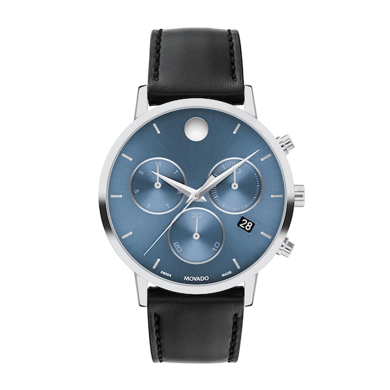 Menâs Movado MuseumÂ® Classic Black Leather Strap Chronograph Watch with Blue Dial (Model: 0607889)