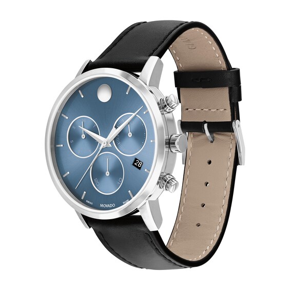 Menâs Movado MuseumÂ® Classic Black Leather Strap Chronograph Watch with Blue Dial (Model: 0607889)
