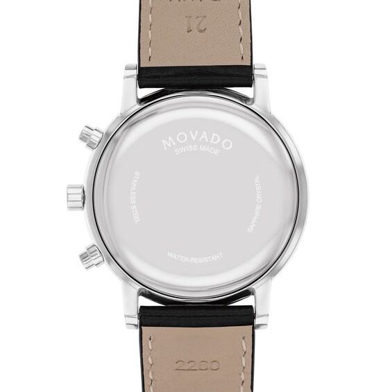 Menâs Movado MuseumÂ® Classic Black Leather Strap Chronograph Watch with Blue Dial (Model: 0607889)