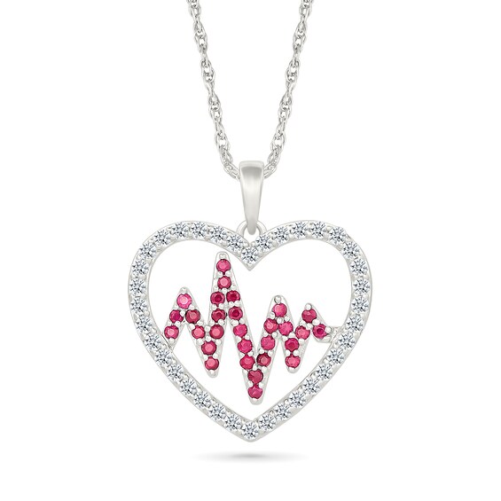 Lab-Created Ruby and White Lab-Created Sapphire Heartbeat in Heart Pendant in Sterling Silver