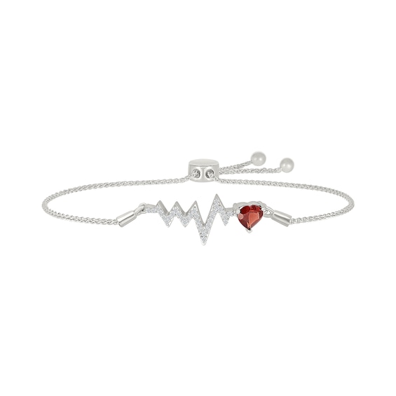 6.0mm Heart-Shaped Garnet and White Lab-Created Sapphire Heartbeat Bolo Bracelet in Sterling Silver - 9"