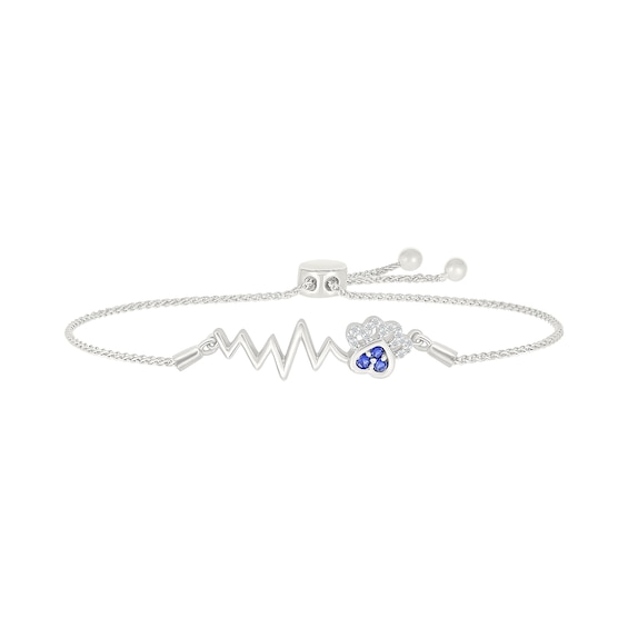 Blue and White Lab-Created Sapphire Heartbeat with Paw Print Bolo Bracelet in Sterling Silver - 9"