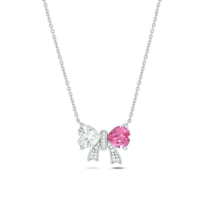Main Image 1 of 6.0mm Heart-Shaped Pink and White Lab-Created Sapphire with 1/20 CT. T.W. Diamond Bow Necklace in Sterling Silver
