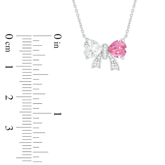 6.0mm Heart-Shaped Pink and White Lab-Created Sapphire with 1/20 CT. T.w. Diamond Bow Necklace in Sterling Silver