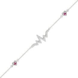 Lab-Created Ruby and White Lab-Created Sapphire Heartbeat with Heart Station Bracelet in Sterling Silver - 7.5"