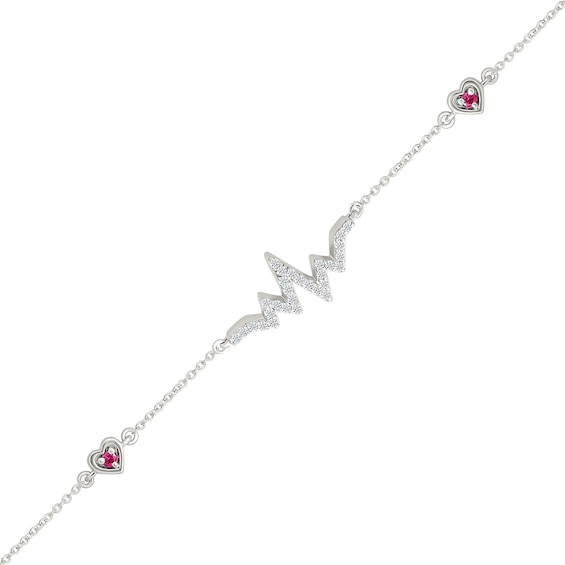 Lab-Created Ruby and White Lab-Created Sapphire Heartbeat with Heart Station Bracelet in Sterling Silver - 7.5"