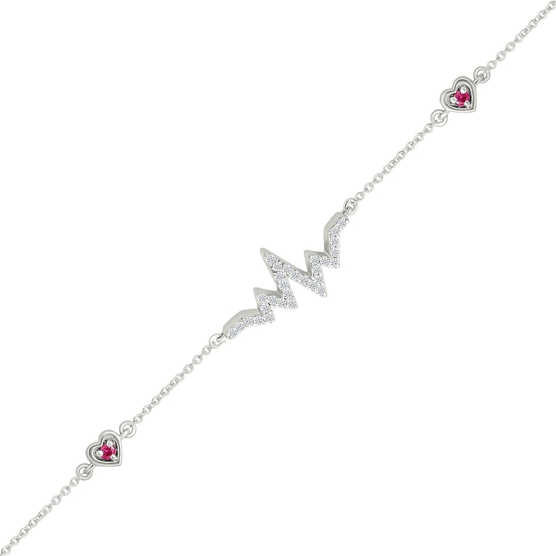 Main Image 1 of Lab-Created Ruby and White Lab-Created Sapphire Heartbeat with Heart Station Bracelet in Sterling Silver - 7.5"