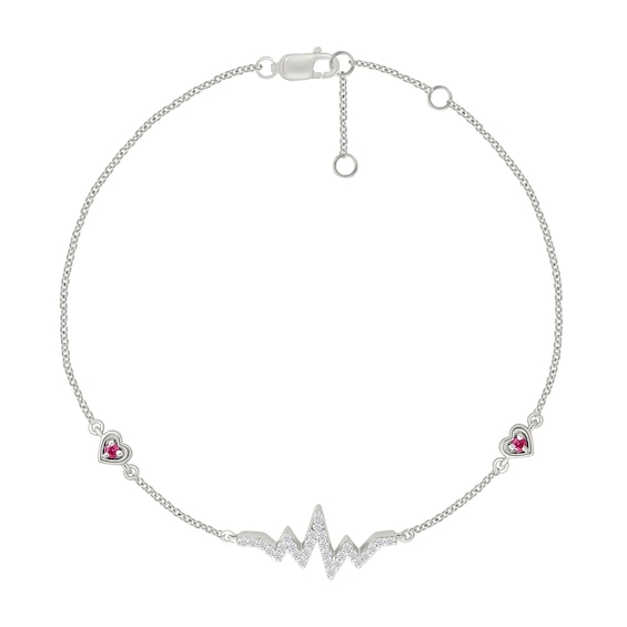 Lab-Created Ruby and White Lab-Created Sapphire Heartbeat with Heart Station Bracelet in Sterling Silver - 7.5"