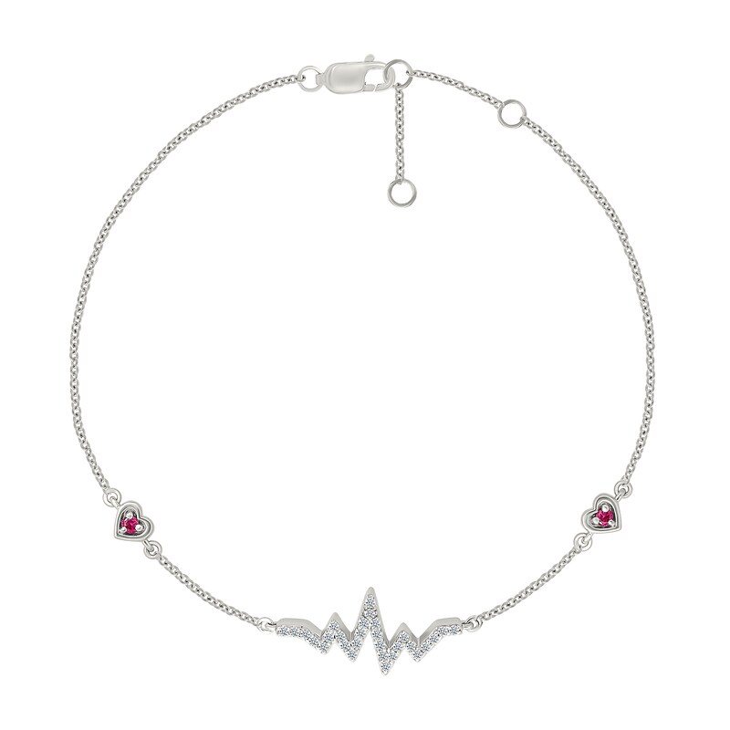 Main Image 2 of Lab-Created Ruby and White Lab-Created Sapphire Heartbeat with Heart Station Bracelet in Sterling Silver - 7.5"
