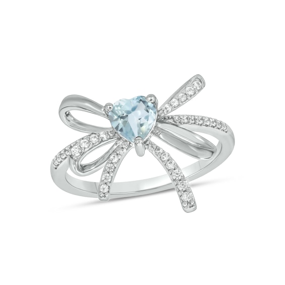 5.0mm Heart-Shaped Aquamarine and 1/6 CT. T.w. Diamond Bow Ring in Sterling Silver