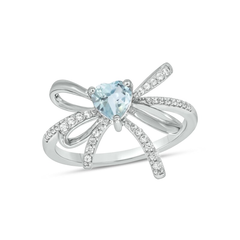 Main Image 1 of 5.0mm Heart-Shaped Aquamarine and 1/6 CT. T.W. Diamond Bow Ring in Sterling Silver