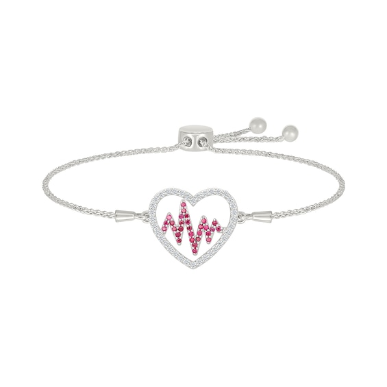 Lab-Created Ruby and White Lab-Created Sapphire Heartbeat in Heart Bolo Bracelet in Sterling Silver - 9"