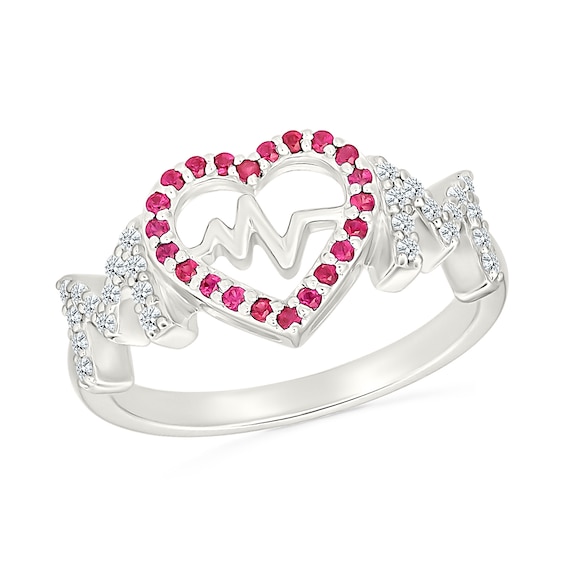 Lab-Created Ruby and White Lab-Created Sapphire Heartbeat in Heart Mom Ring in Sterling Silver