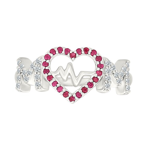 Lab-Created Ruby and White Lab-Created Sapphire Heartbeat in Heart Mom Ring in Sterling Silver