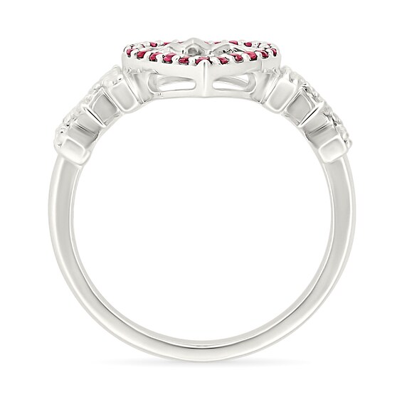 Lab-Created Ruby and White Lab-Created Sapphire Heartbeat in Heart Mom Ring in Sterling Silver