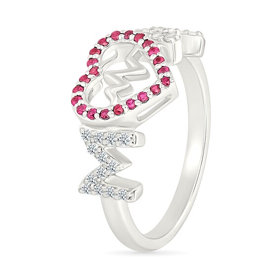 Lab-Created Ruby and White Lab-Created Sapphire Heartbeat in Heart Mom Ring in Sterling Silver
