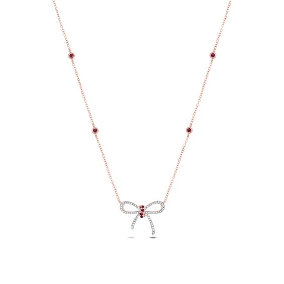 Lab-Created Ruby and 1/10 CT. T.w. Diamond Bow Station Necklace in Sterling Silver with 14K Rose Gold Plate