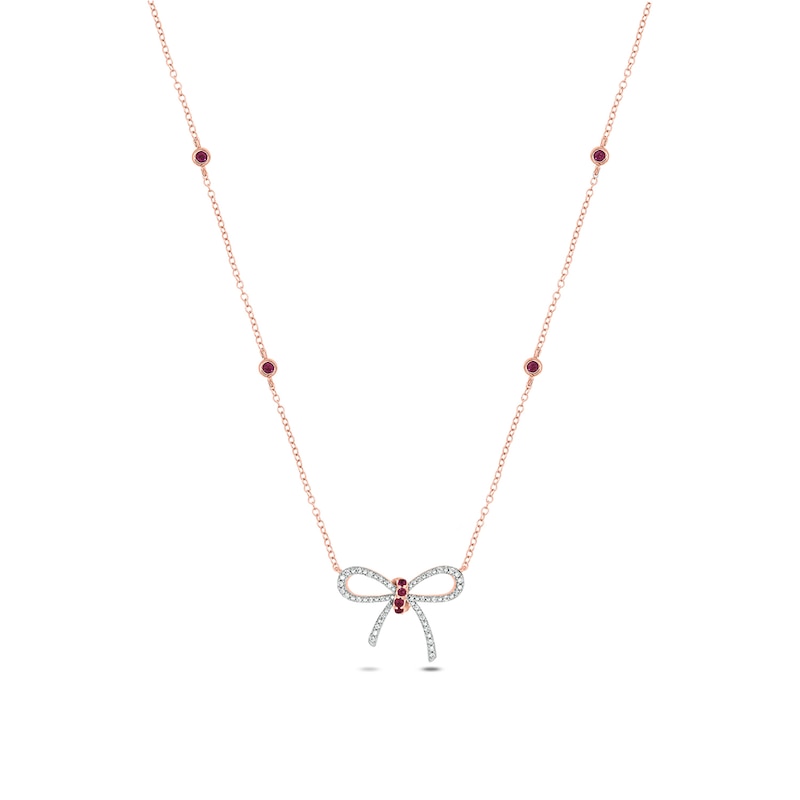 Main Image 1 of Lab-Created Ruby and 1/10 CT. T.W. Diamond Bow Station Necklace in Sterling Silver with 14K Rose Gold Plate