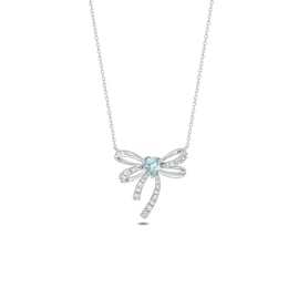 5.0mm Heart-Shaped Aquamarine and 1/8 CT. T.W. Diamond Bow Necklace in Sterling Silver