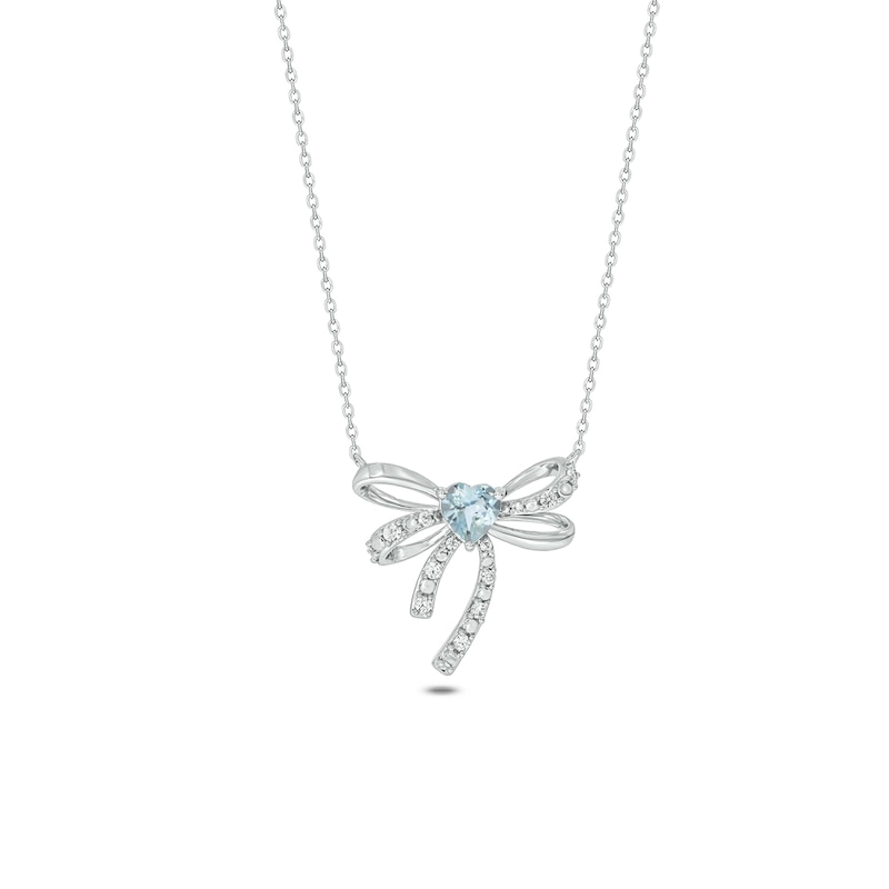 Main Image 1 of 5.0mm Heart-Shaped Aquamarine and 1/8 CT. T.W. Diamond Bow Necklace in Sterling Silver