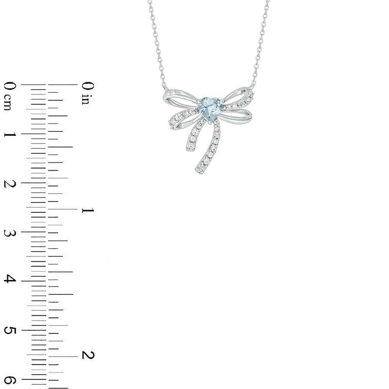 Main Image 2 of 5.0mm Heart-Shaped Aquamarine and 1/8 CT. T.W. Diamond Bow Necklace in Sterling Silver