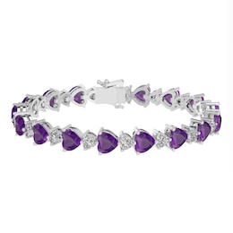 6.0mm Heart-Shaped Amethyst and White Lab-Created Sapphire Alternating Bracelet in Sterling Silver - 7.25"
