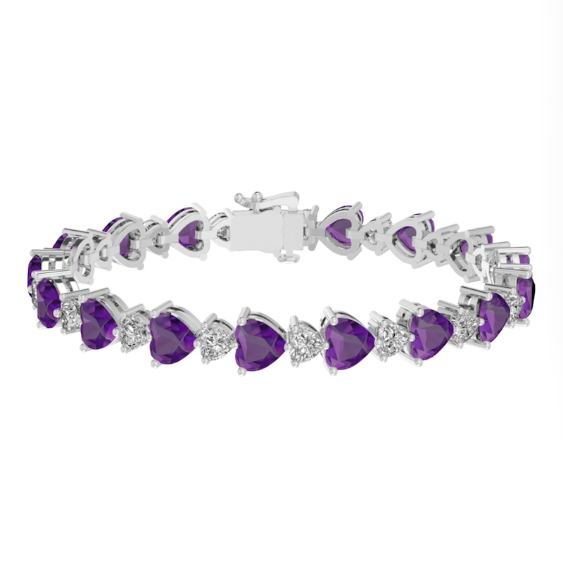 Main Image 1 of 6.0mm Heart-Shaped Amethyst and White Lab-Created Sapphire Alternating Bracelet in Sterling Silver - 7.25"