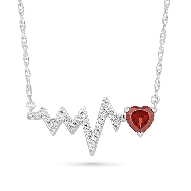 Main Image 1 of 6.0mm Heart-Shaped Garnet and White Lab-Created Sapphire Heartbeat Necklace in Sterling Silver