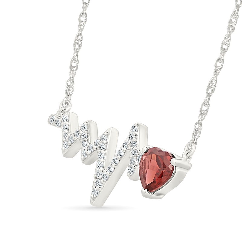 Main Image 2 of 6.0mm Heart-Shaped Garnet and White Lab-Created Sapphire Heartbeat Necklace in Sterling Silver