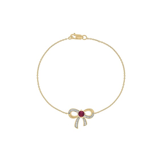 4.0mm Lab-Created Ruby and 1/10 CT. T.w. Diamond Bow Bracelet in 10K Gold