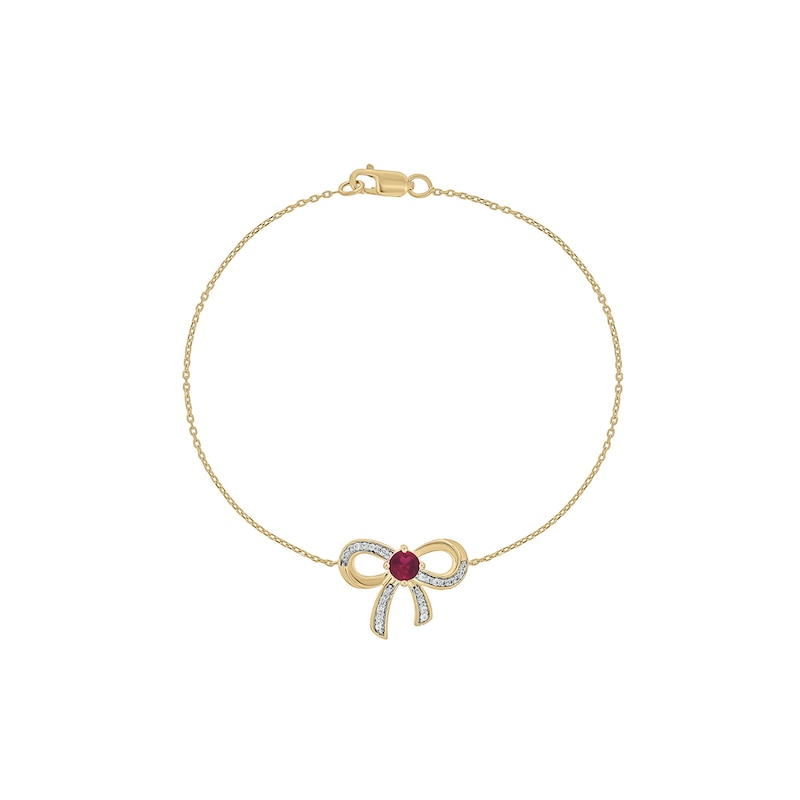 Main Image 1 of 4.0mm Lab-Created Ruby and 1/10 CT. T.W. Diamond Bow Bracelet in 10K Gold