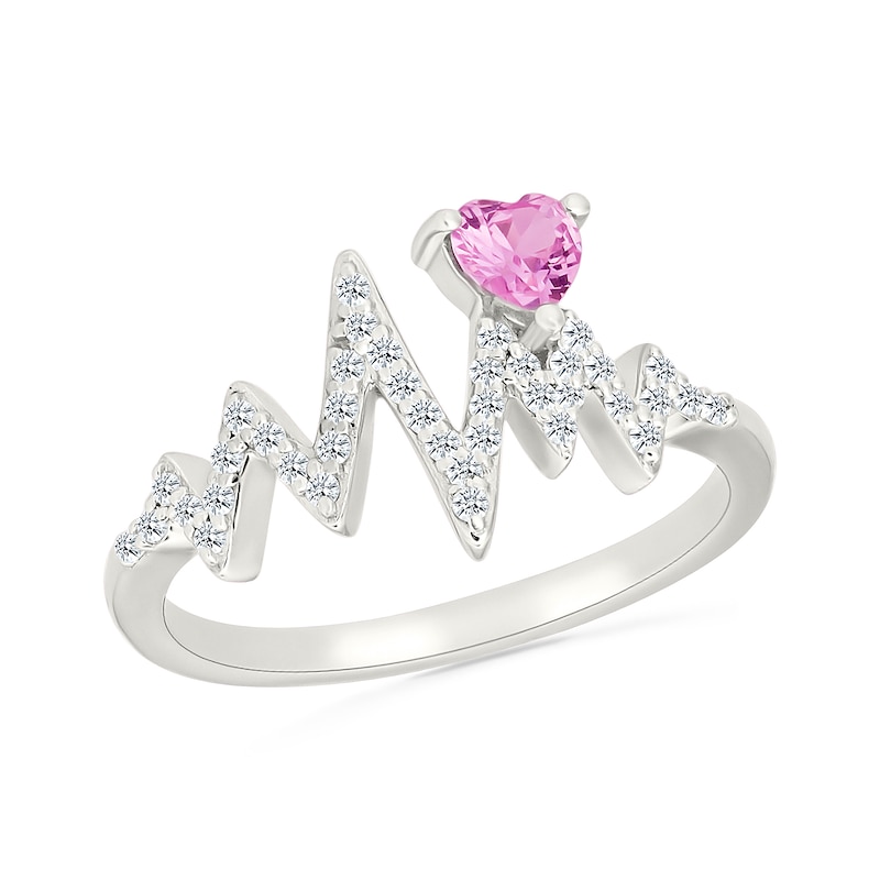 Main Image 1 of 4.0mm Heart-Shaped Pink and White Lab-Created Sapphire Heartbeat Ring in Sterling Silver