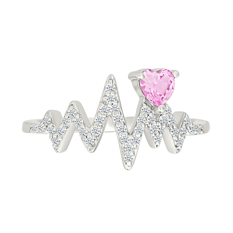Main Image 2 of 4.0mm Heart-Shaped Pink and White Lab-Created Sapphire Heartbeat Ring in Sterling Silver