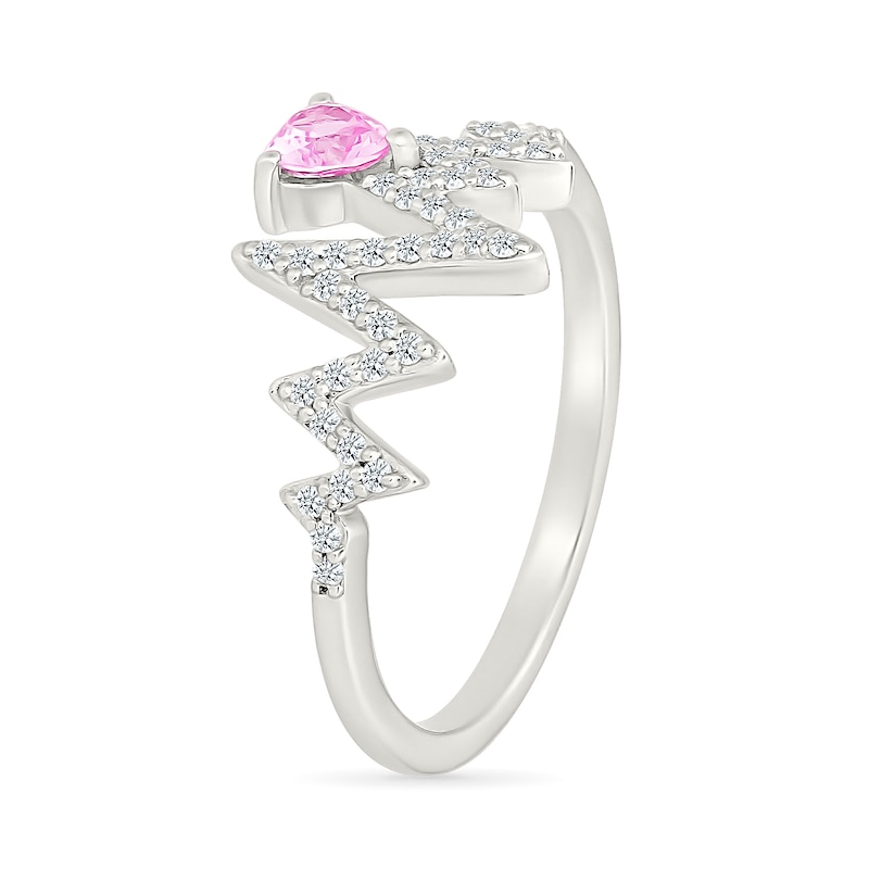 Main Image 4 of 4.0mm Heart-Shaped Pink and White Lab-Created Sapphire Heartbeat Ring in Sterling Silver