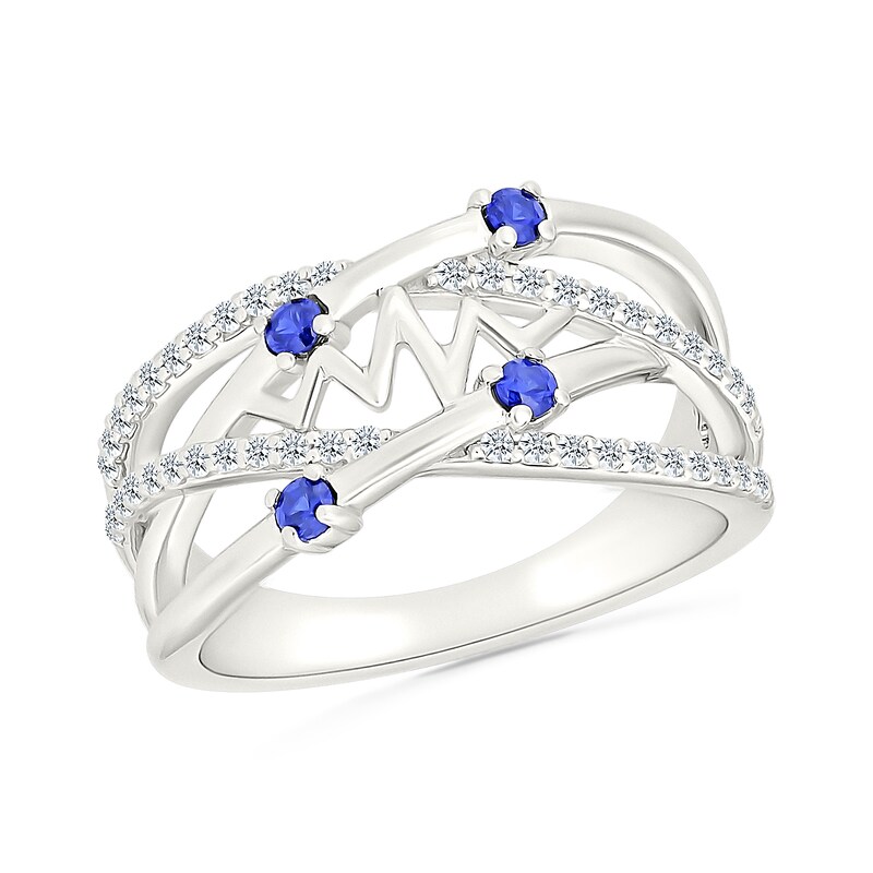 Main Image 1 of Blue and White Lab-Created Sapphire Multi-Row Crossover Heartbeat Ring in Sterling Silver