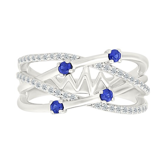 Blue and White Lab-Created Sapphire Multi-Row Crossover Heartbeat Ring in Sterling Silver