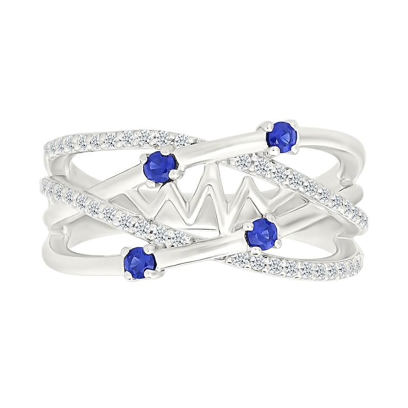 Main Image 2 of Blue and White Lab-Created Sapphire Multi-Row Crossover Heartbeat Ring in Sterling Silver