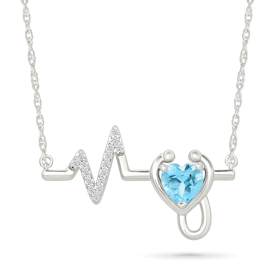 Heart-Shaped Swiss Blue Topaz and White Lab-Created Sapphire Heartbeat with Stethoscope Necklace in Sterling Silver