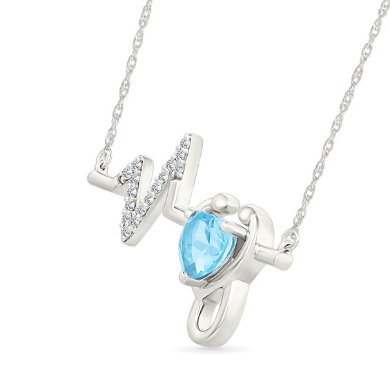 Heart-Shaped Swiss Blue Topaz and White Lab-Created Sapphire Heartbeat with Stethoscope Necklace in Sterling Silver