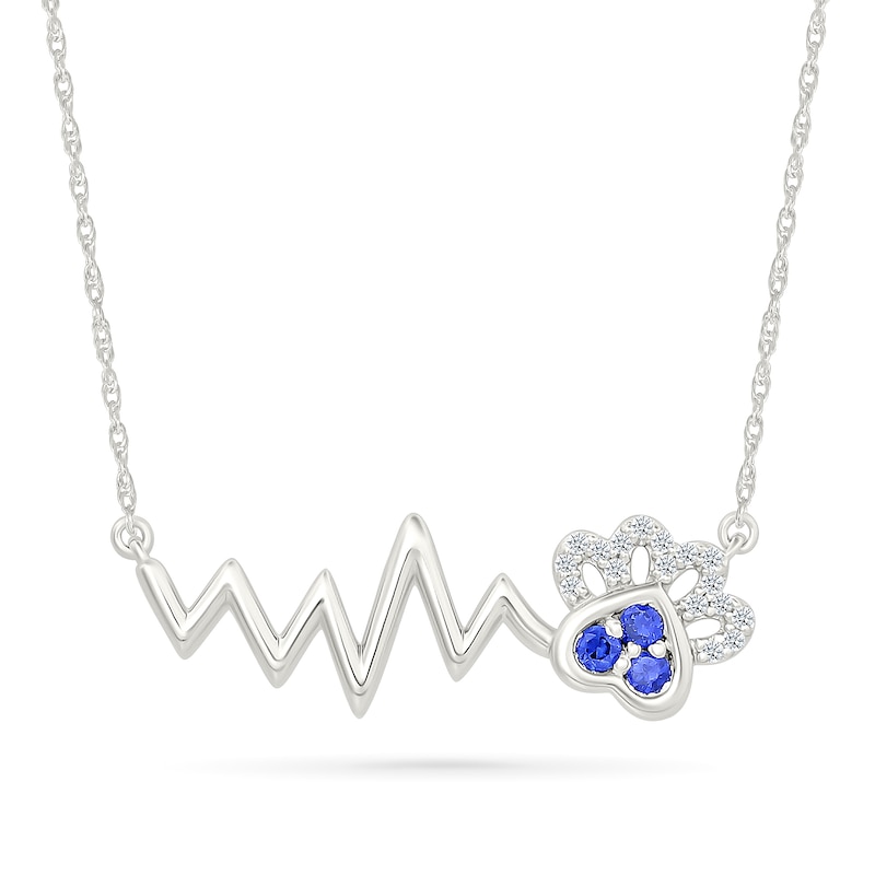 Main Image 1 of Blue and White Lab-Created Sapphire Heartbeat with Paw Print Necklace in Sterling Silver