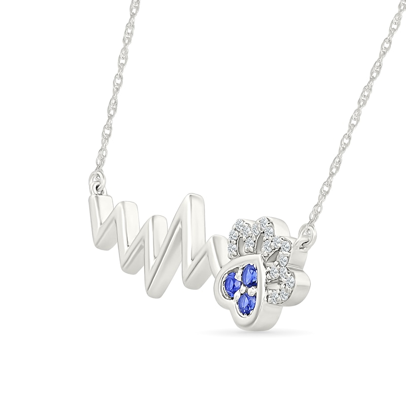 Main Image 2 of Blue and White Lab-Created Sapphire Heartbeat with Paw Print Necklace in Sterling Silver
