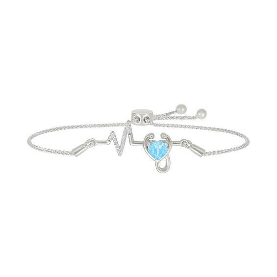 Heart-Shaped Swiss Blue Topaz and White Lab-Created Sapphire Heartbeat with Stethoscope Bolo Bracelet in Sterling Silver