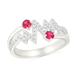 Lab-Created Ruby and White Lab-Created Sapphire Heartbeat Bypass Split Shank Ring in Sterling Silver
