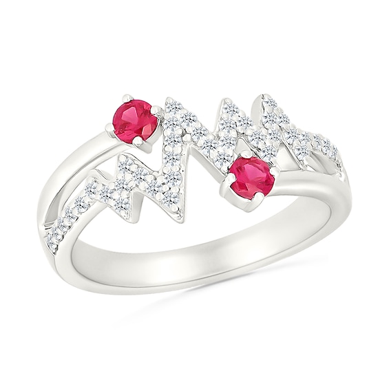 Lab-Created Ruby and White Lab-Created Sapphire Heartbeat Bypass Split Shank Ring in Sterling Silver