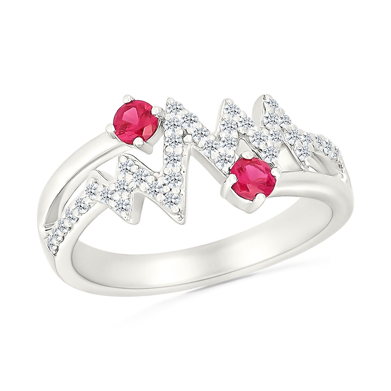 Main Image 1 of Lab-Created Ruby and White Lab-Created Sapphire Heartbeat Bypass Split Shank Ring in Sterling Silver