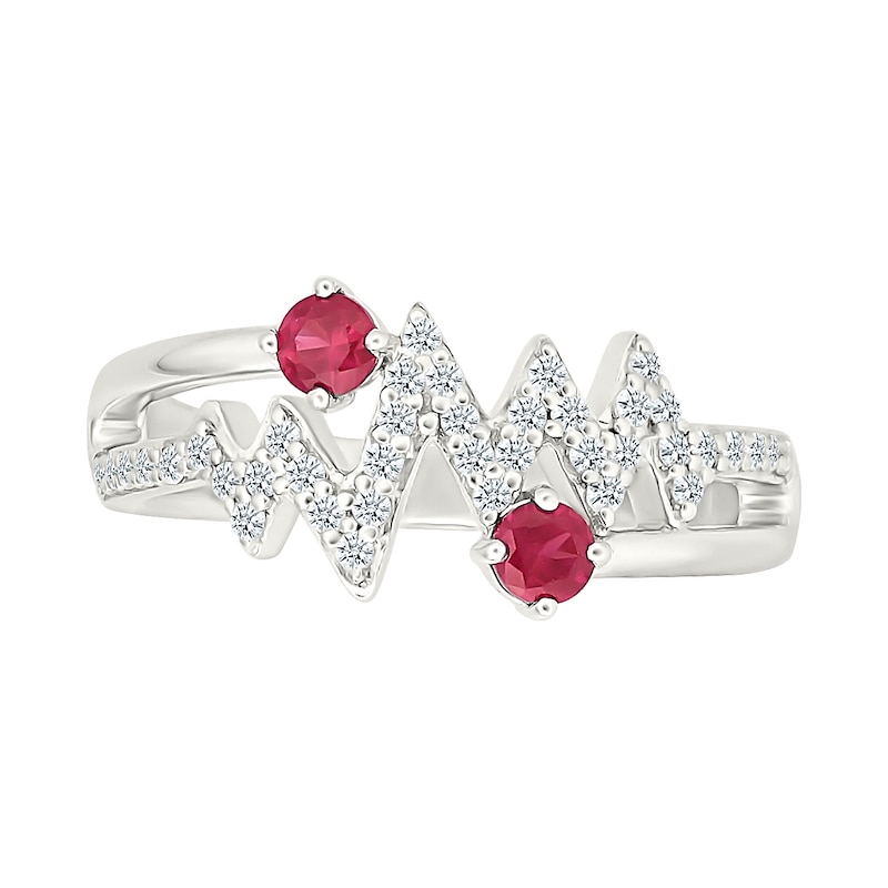 Main Image 2 of Lab-Created Ruby and White Lab-Created Sapphire Heartbeat Bypass Split Shank Ring in Sterling Silver