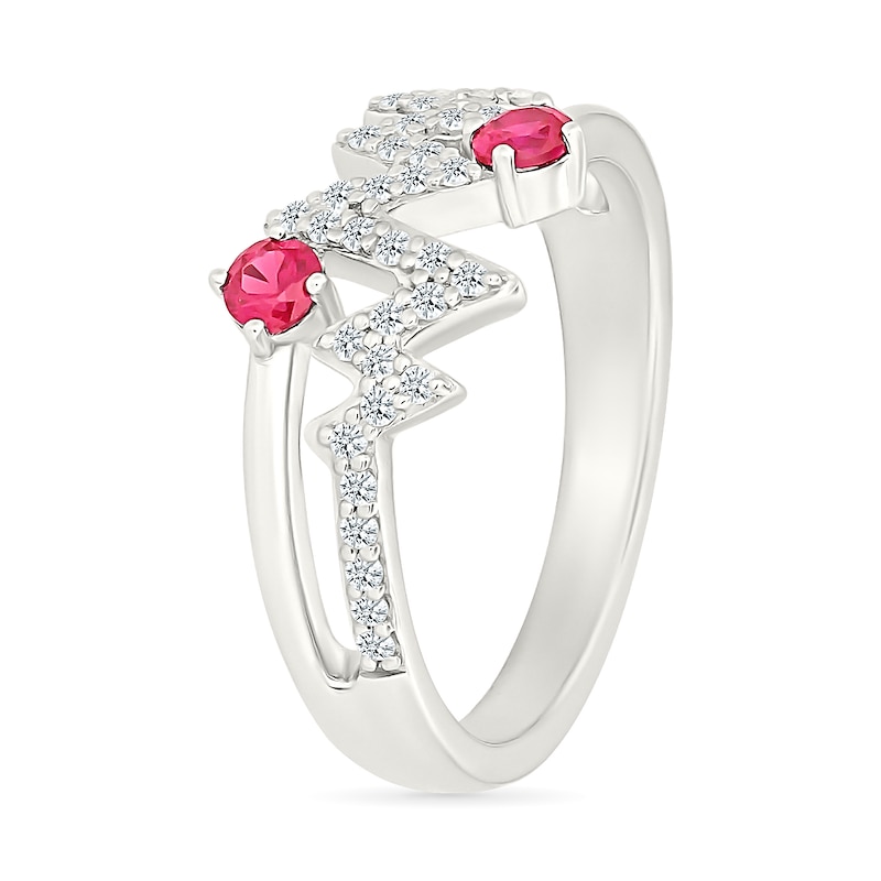 Main Image 4 of Lab-Created Ruby and White Lab-Created Sapphire Heartbeat Bypass Split Shank Ring in Sterling Silver