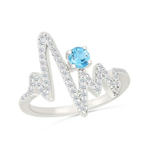 4.0mm Swiss Blue Topaz and White Lab-Created Sapphire Heartbeat Ring in Sterling Silver
