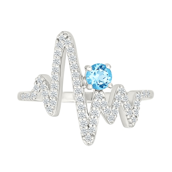 4.0mm Swiss Blue Topaz and White Lab-Created Sapphire Heartbeat Ring in Sterling Silver